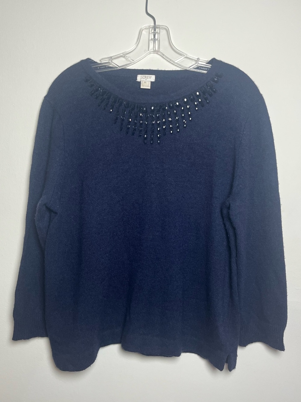 Women's J. Crew Navy Merino Wool Rhinestone Beaded Scoopneck Sweater Size XL